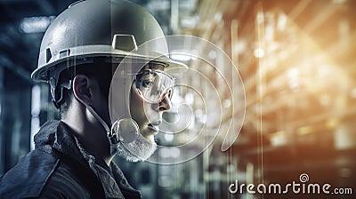 Double exposure of Engineer with oil refinery industry plant background, industrial instruments in the factory and physical system Stock Photo