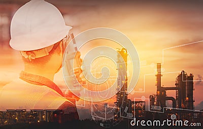 Double exposure of Engineer with safety helmet with oil refinery industry plant background. Industrial instruments in the factory Stock Photo