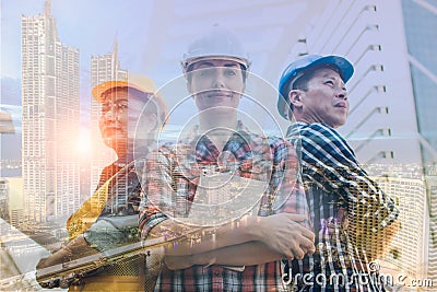 Double exposure engineering and construction concept. Industrial engineer wear safety helmet Stock Photo