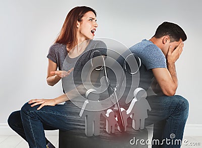 Double exposure of family figure with scissors and couple quarreling on background. Relationship problems Stock Photo