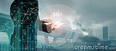 Double exposure of graph chart and network connection on businessman using tablet analyzing sales data and economic growth. Stock Photo