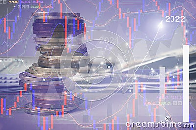 Double exposure of grath chat and stack of coins for finance and banking concept. Financial stock market graph and rows of coins Stock Photo