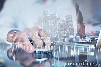 Double exposure of hand with mouse, business man working on computer online Stock Photo