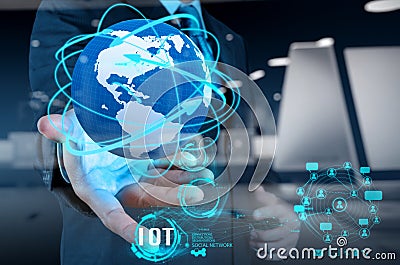 Double exposure of hand showing Internet of things (IoT) Stock Photo