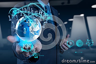 Double exposure of hand showing Internet of things (IoT) Stock Photo