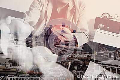 double exposure of hipster using smart phone and digital tablet Stock Photo