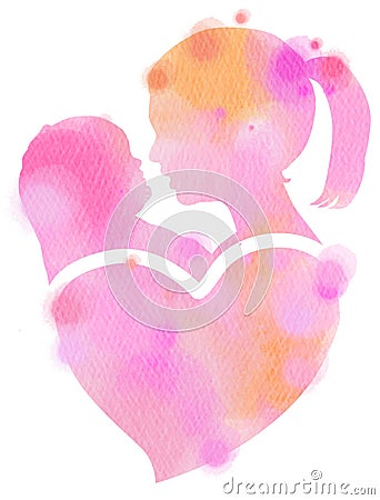 Double exposure illustration. Side view of mother holding adorable child baby silhouette plus abstract water color painted. Cartoon Illustration