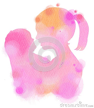 Double exposure illustration. Side view of mother holding adorable child baby silhouette plus abstract water color painted. Cartoon Illustration