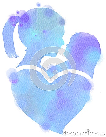 Double exposure illustration. Side view of mother holding adorable child baby silhouette plus abstract water color painted. Cartoon Illustration