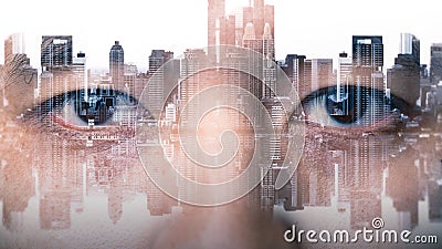 The double exposure image of the businessman`s eye overlay with cityscape image. The concept of modern life, futuristic, technolog Stock Photo