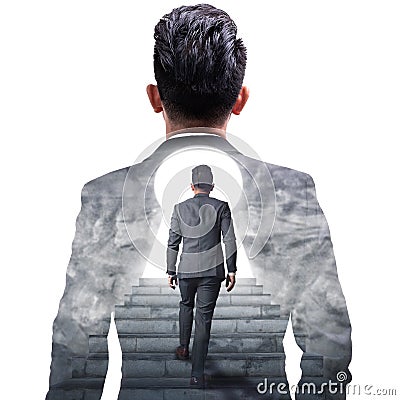 The double exposure image of the businessman thinking overlay with businessman walk up the stairs image. The concept of modern lif Stock Photo