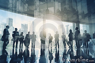 Double exposure image of many business people conference group meeting on city AI generated Stock Photo