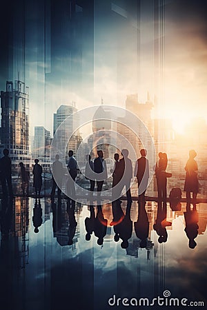 Double exposure image of many business people conference group meeting on city AI generated Stock Photo