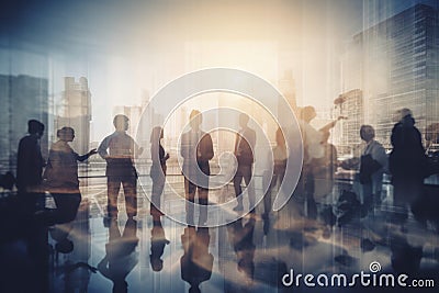 Double exposure image of many business people conference group meeting on city AI generated Stock Photo