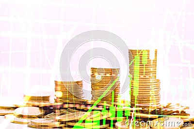 Double exposure of Increasing columns of coins, piles of gold co Stock Photo
