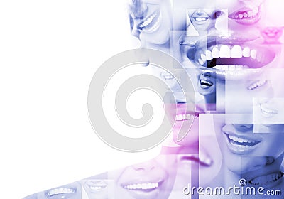 Double exposure of laughing people with great teeth and smiling blured faces. Healthy beautiful smiles Stock Photo