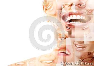 Double exposure of laughing people with great teeth and smiling blured faces. Healthy beautiful smiles. Teeth health, whitening, Stock Photo