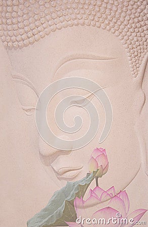 Double exposure of the lotus flower or water lily and face of buddha statue. Stock Photo