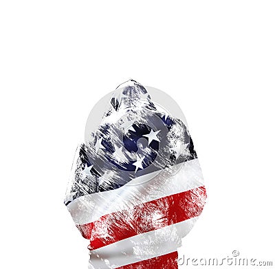 Double exposure man in the hood is back. Conceptual in the national colors of the flag of the United States of America, USA. Stock Photo