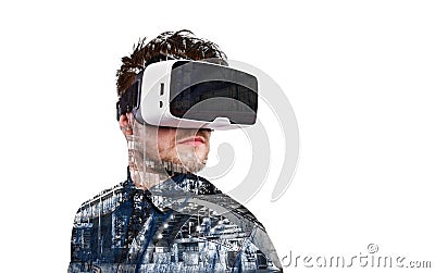 Double exposure. Man wearing virtual reality goggles. Night city Stock Photo