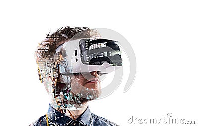Double exposure. Man wearing virtual reality goggles. Night city Stock Photo