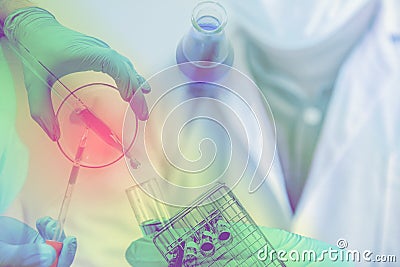 Double Exposure, Medical science in laboratory room researcher performs tests of blue liquid . Experimental Drug Treatment Stock Photo