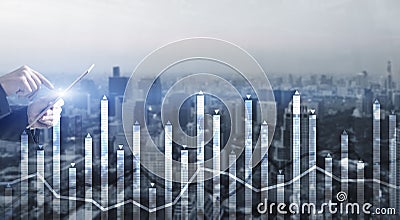 Double Exposure Mixed Media Finace Background. People City Stock Photo