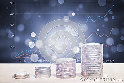 Double exposure of money coins stack with growing graph. Stock Photo