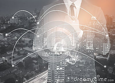 Double exposure of network and city and network connection conc Stock Photo