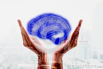 Double exposure new idea business and Brain icon concept hand holding brain icon and star control in graph Screen Icon of a media Stock Photo