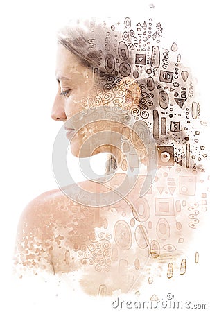 Double exposure. Paintography. Portrait of an attractive woman with long hair combined with unusual hand drawn painting Stock Photo