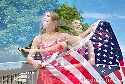 Double Exposure of Patriotic Woman Stock Photo