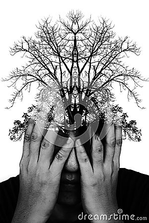 Double exposure photo of stressful man with silhouette of tree b Stock Photo