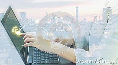 Double exposure photos of woman and technology Stock Photo