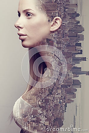 Double exposure portrait of beautiful blonde woman merged with urban city Stock Photo