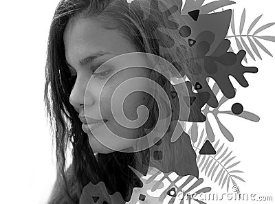 Double exposure portrait of a mixed-race woman combined with digital graphics Stock Photo