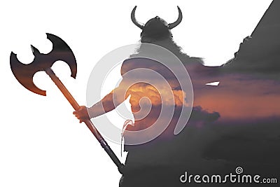 Double exposure portrait of a strong viking Stock Photo