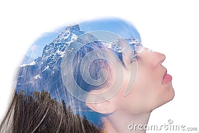 Double exposure. Portrait of a woman in profile. Mountain landscape Stock Photo