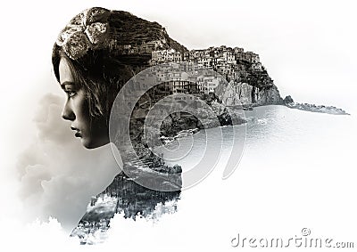 Double exposure portrait Stock Photo