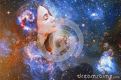 Double exposure portrait of a young woman close eye face with galaxy space inside head. Human inner peace, star light fire, life Stock Photo