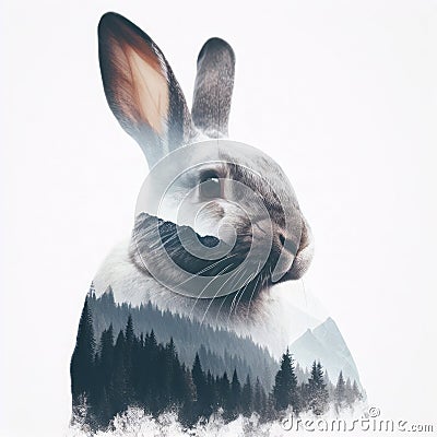 Double exposure rabbit with a forest and mountains isolated on a white background. ai generative Stock Photo