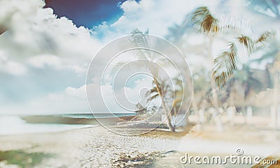 Double exposure of retro style background on which there is the beach with palm trees Stock Photo