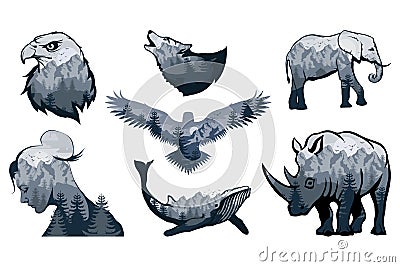 Double exposure set - elephant, rhinoceros, wolf, eagle, crows, whale, girl. Wildlife for your design, outdoors symbol. Vector Illustration