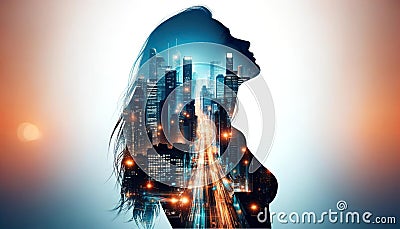 a double exposure of a silhouetted woman and a modern city at night, highlighting the beautiful way that light and city life work Stock Photo