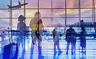 Double exposure silhouettes of passenger walking at airport with people. Business airline concept Stock Photo