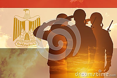 Double exposure of Silhouettes of soliders and the sunset or the sunrise against flag of Egypt. Stock Photo