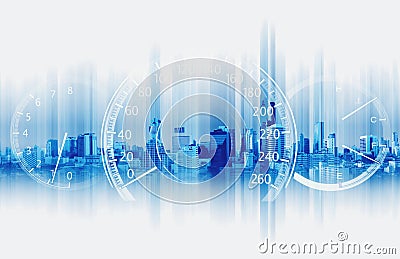 Double exposure Speedometer with Futuristic Speed Motion Background Stock Photo