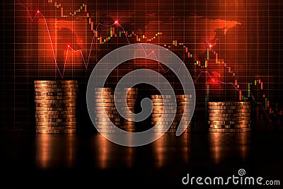 Double exposure of Stack of golden coins in bar chart form and stock chart and bar chart and line chart and candlestick chart go Stock Photo