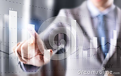 Double exposure stock market chart. Buy and sell finacial concept. Stock Photo