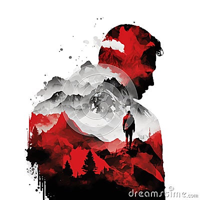 Double exposure strong fearless young man standing on a mountain. Thoughtful man looking out at the view. Dreaming and having a vi Cartoon Illustration